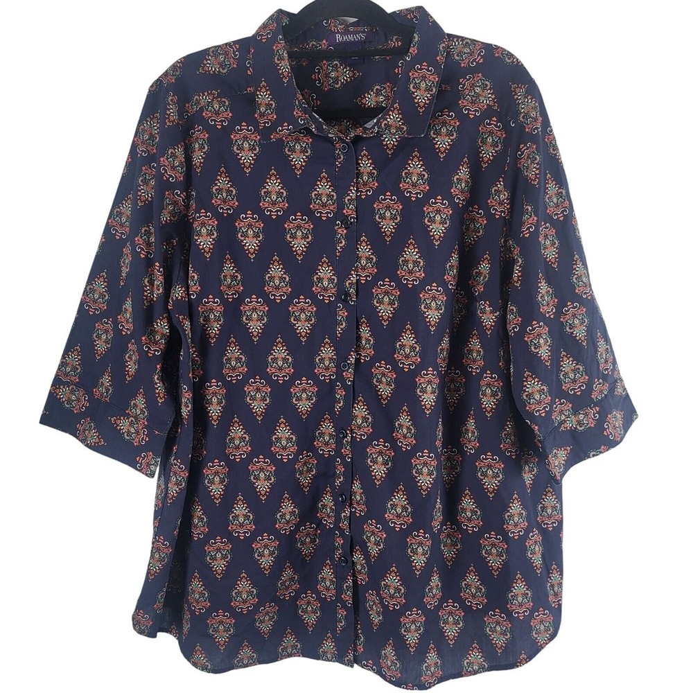 Roamans Button Front Shirt 24 Womens Plus Size Half Sleeve Blue Printed Top